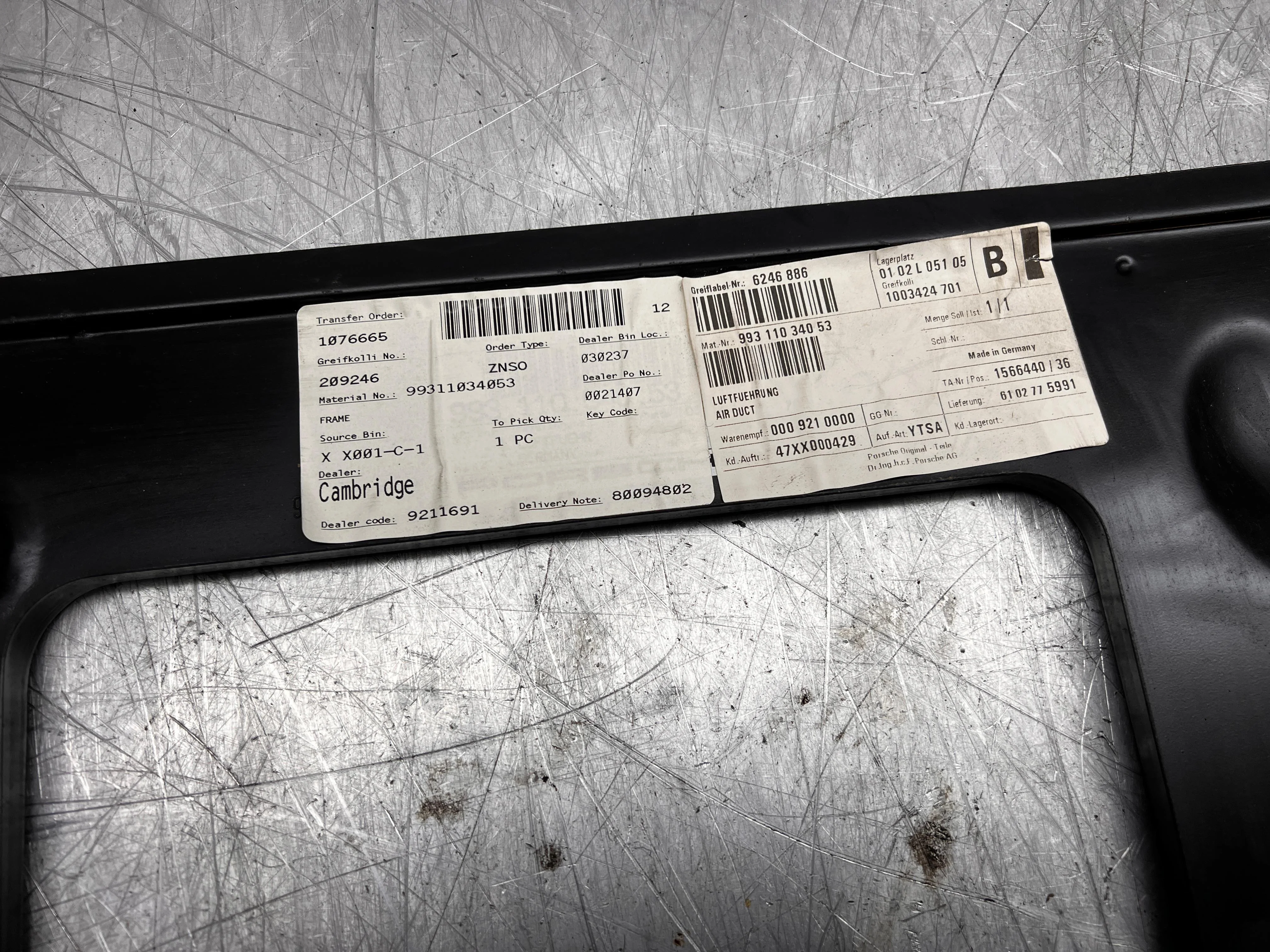 Genuine New Porsche 993 Turbo intercooler air duct 99311034053 NOS - Image 7