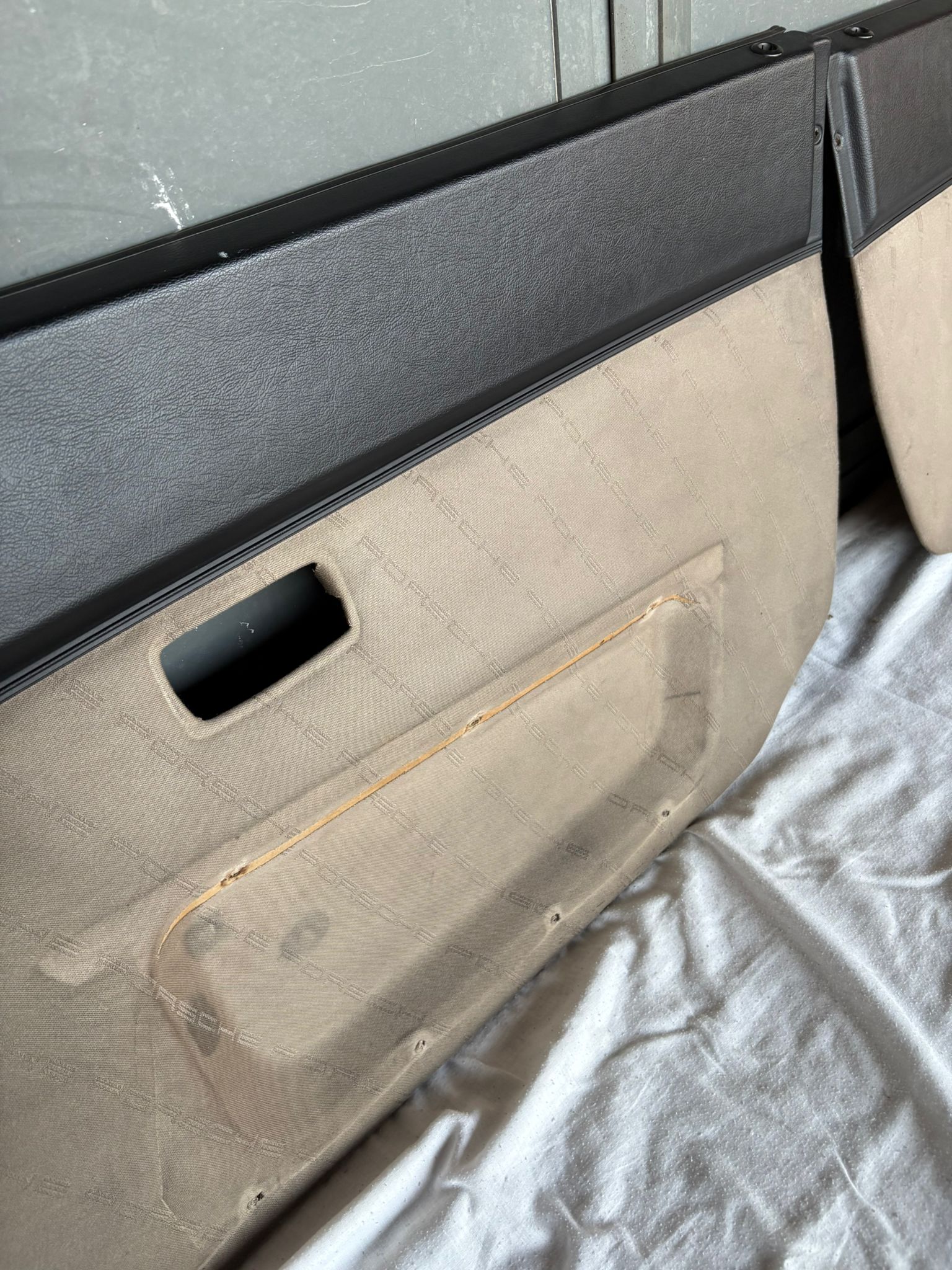 Pair Of Porsche 944 black/beige Porsche scripted fabric door cards 94455501701 94455501801 used, very nice condition. - Image 6