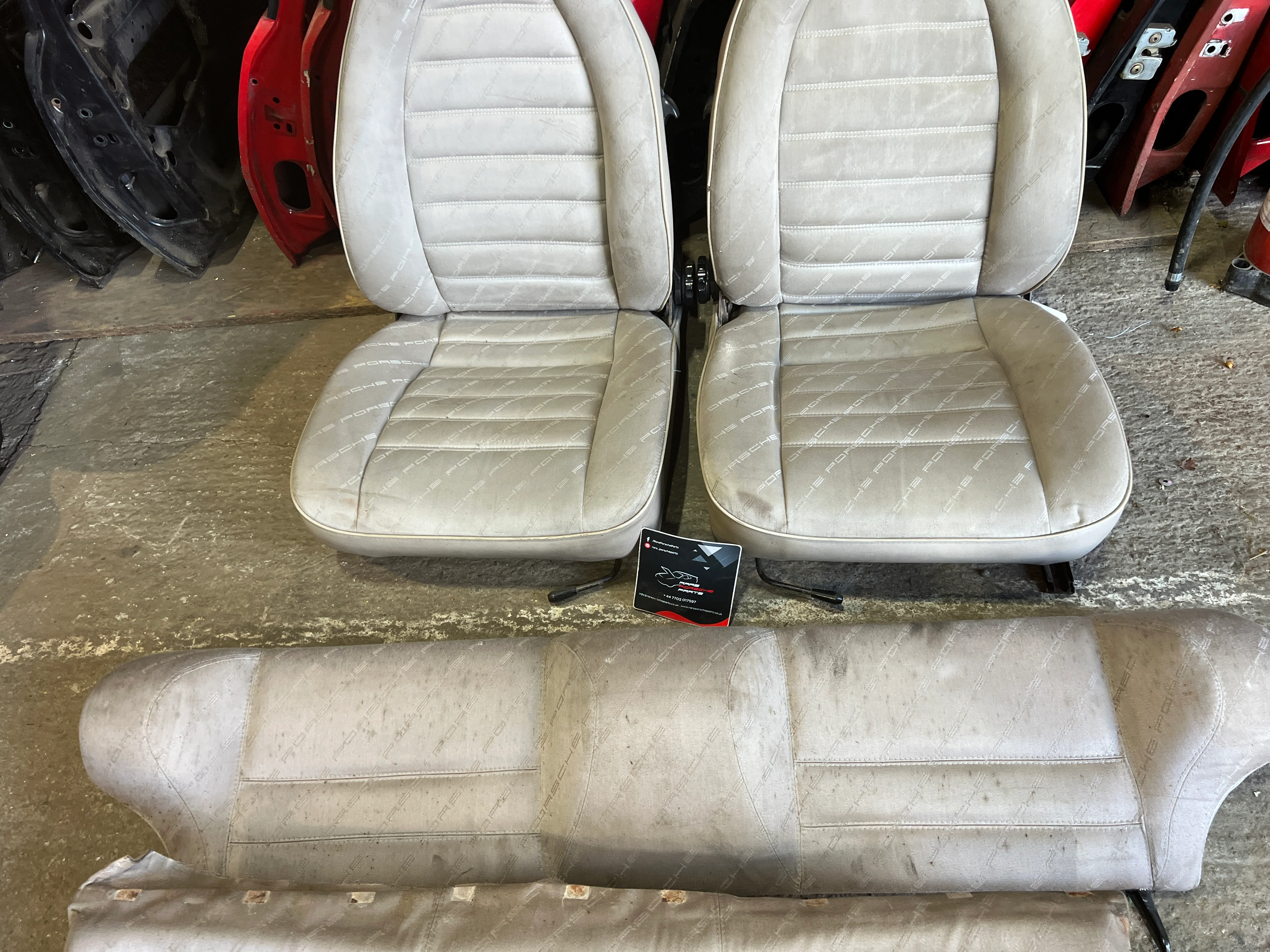 Porsche 924 944 early manual champagne seat set, front seats with Porsche scripted fabric - Image 18