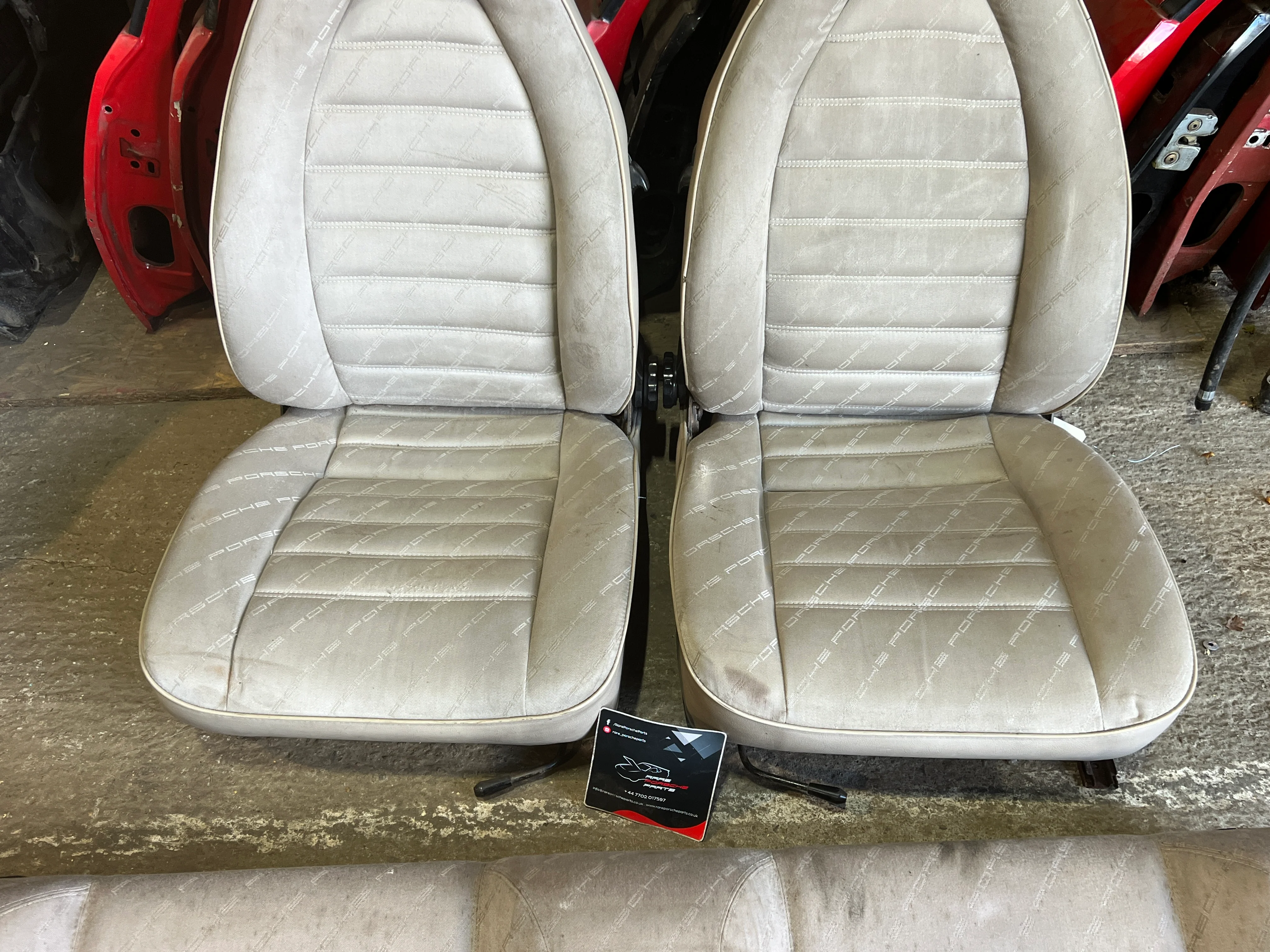 Porsche 924 944 early manual champagne seat set, front seats with Porsche scripted fabric - Image 7
