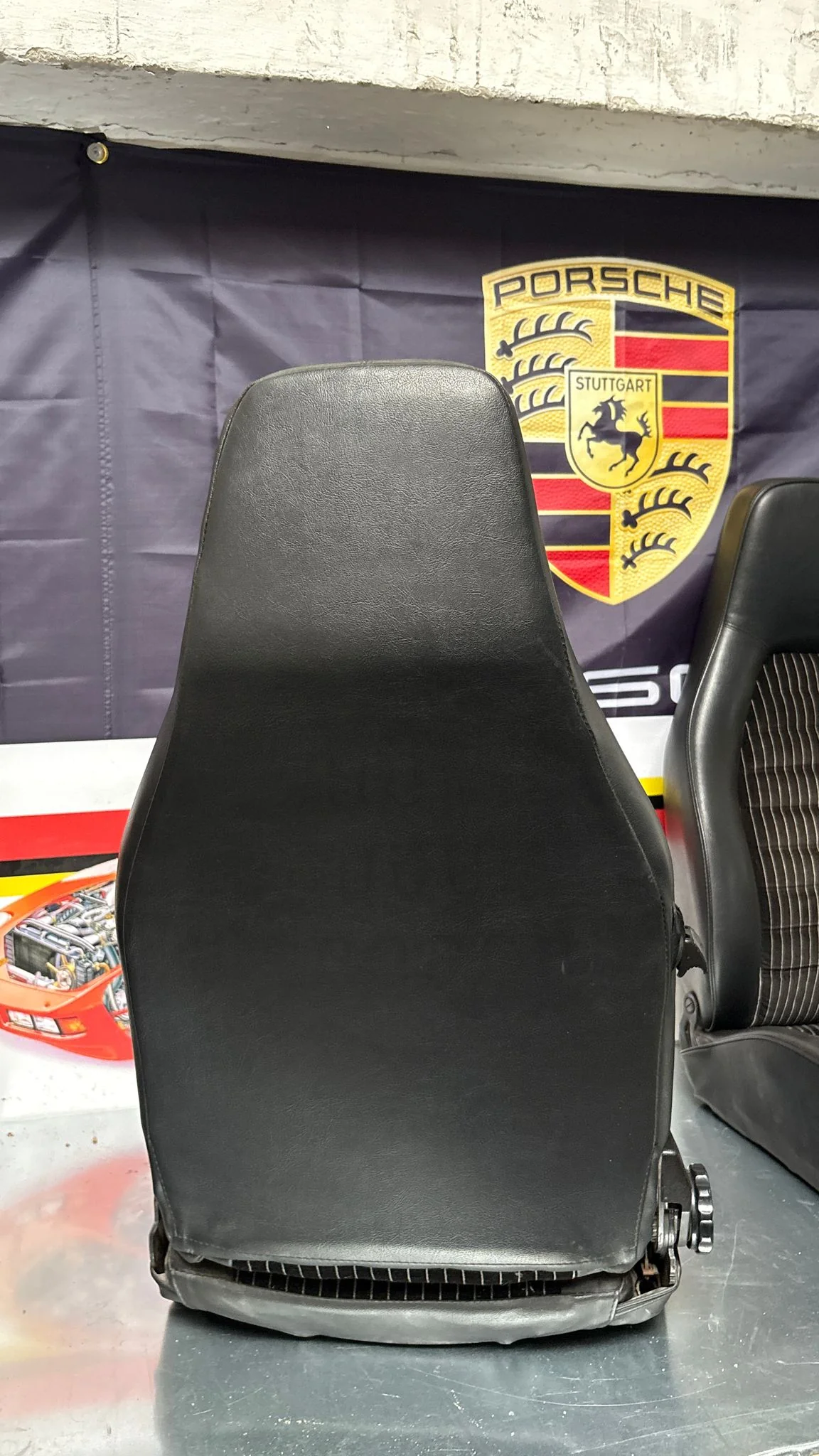 Porsche 924 944 early manual black seat set, front seats with black/white pinstripe fabric - Image 14