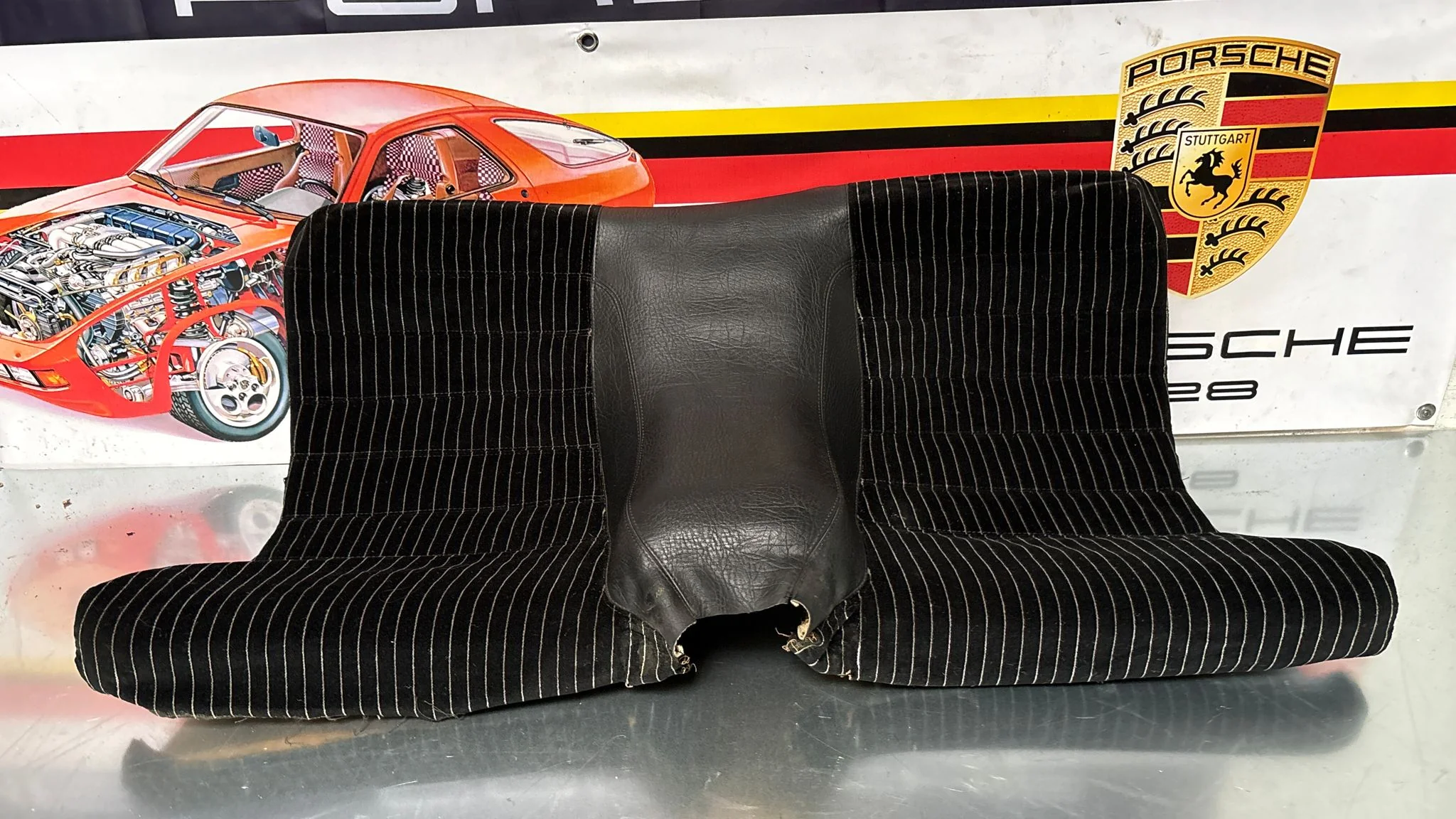 Porsche 924 944 early manual black seat set, front seats with black/white pinstripe fabric - Image 34