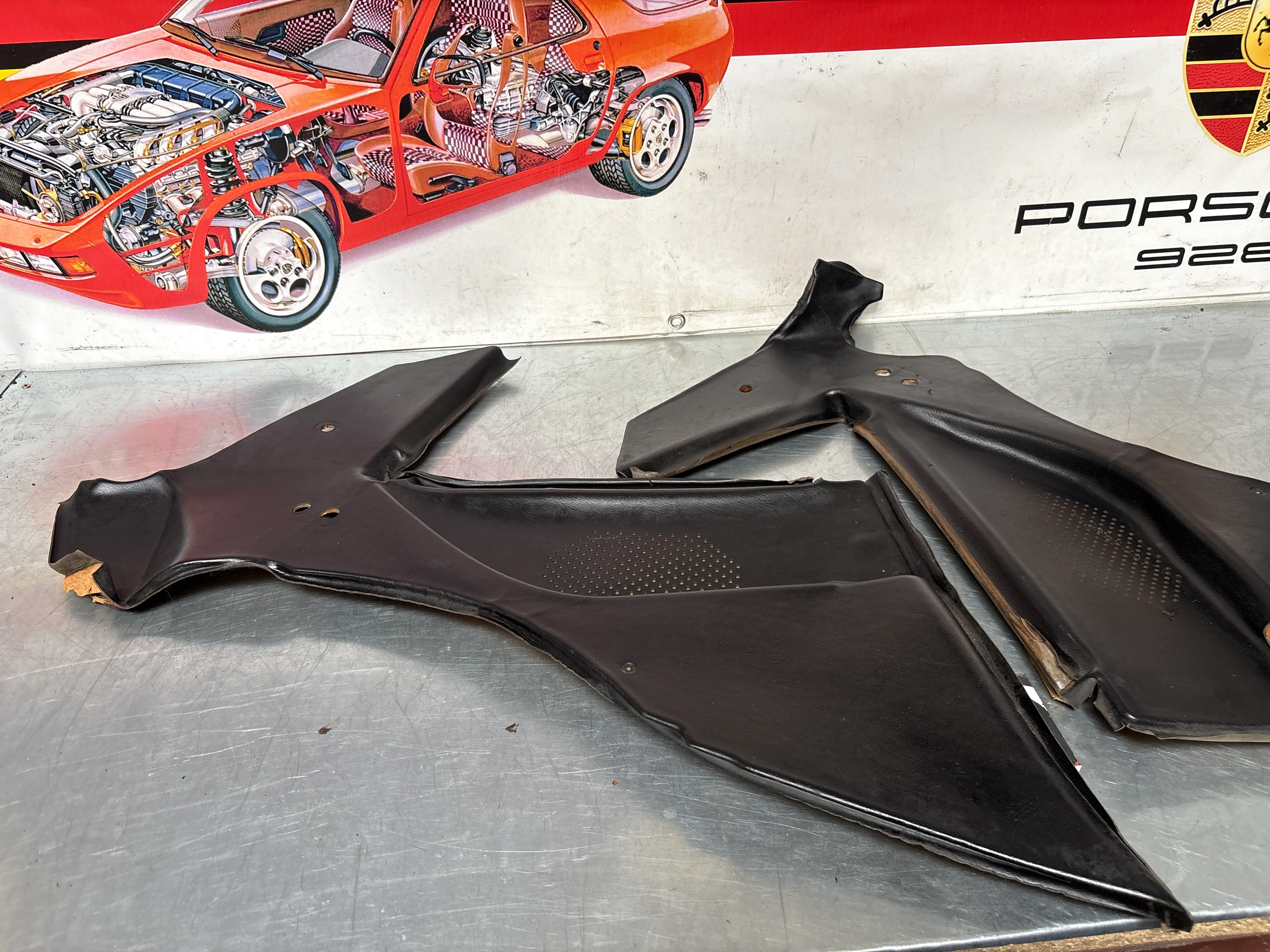 Porsche 944 924 black rear interior C Post trims/cards. Quarter panel trim used, poor condition 94455502101 94455502201 - Image 2